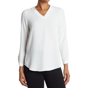 Adrianna Papell Solid Textured Stripe Tunic Women's Med White Long Sleeve V-Neck